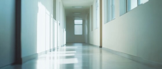 Obraz premium Sunlight streams quietly down a deserted hallway, casting long, contemplative shadows that echo soothing silence and solitude.