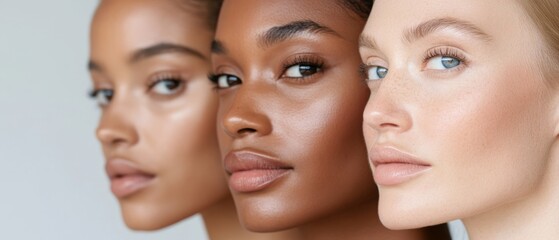 Close-up of three women with diverse skin tones, showcasing the beauty in diversity and flawless, radiant complexion.
