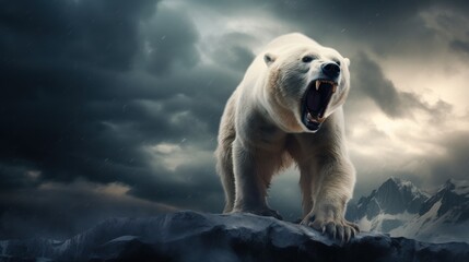 A formidable polar bear roars on an icy landscape under a stormy sky, capturing the raw power and majestic presence of the Arctic wilderness.