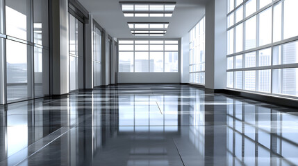 Fototapeta premium modern corporate office hallway with glass walls and polished floors. Natural light floods space,