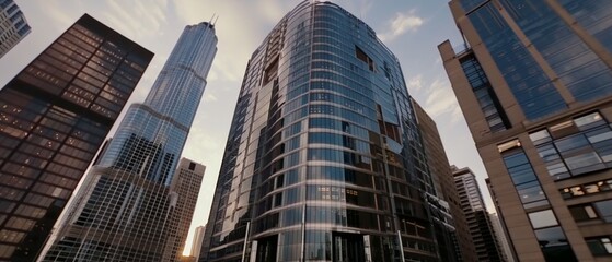 Obraz premium Towering skyscrapers soar into a clear sky, embodying urban ambition and architectural elegance in a bustling cityscape.