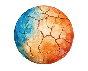Vibrant circular illustration showing cracked earth in blue and orange colors.
