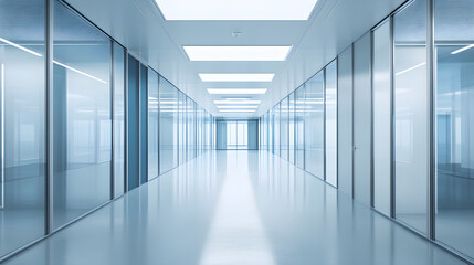 Fototapeta premium modern office corridor with glass walls and bright lighting, creating spacious feel
