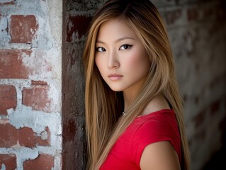 Fototapeta premium Model in Red Shirt Leaning Against Wall