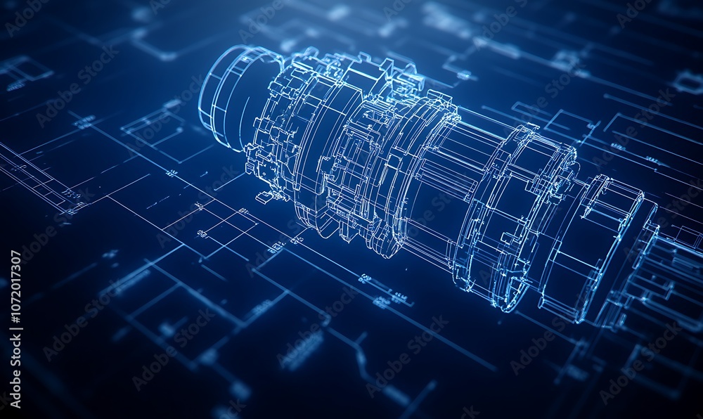 Leinwandbilder a detailed digital representation of a mechanical component, illuminated with blue lights and circui