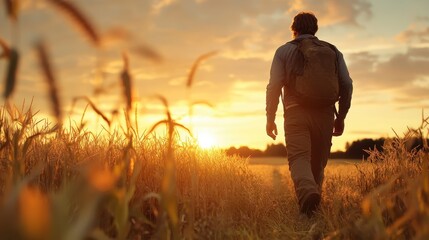 A lone man walks through a field of tall grasses at sunset, carrying a backpack. The sun sets in the horizon, casting a warm, golden glow on the landscape.