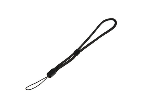 A black wrist strap with an adjustable loop, commonly used for securing small electronic devices like cameras or USB drives, isolated on a white back.