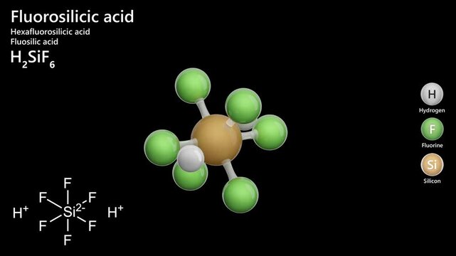 Fluorosilicic Acid. Animated 3D model of a molecule. Molecular formula: H2SiF6. Chemical model: Ball and sticks. Black background. 3D rendering. Seamless loop.