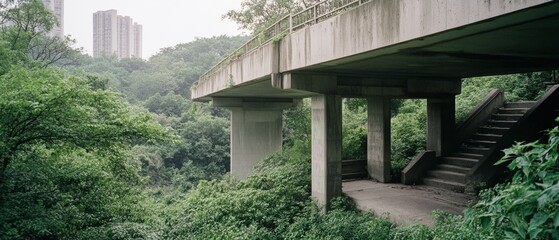 A concrete overpass surrounded by dense green foliage, juxtaposing urban structure and nature in peaceful coexistence.