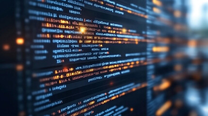 digital background with abstract code symbols, representing advanced technology, innovation, and the intersection of the digital world and human progress. It evokes themes of modernity and complexity