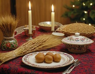 A rustic table setting featuring candles, wheat, and traditional pastries on festive decor.