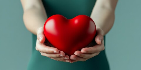 Obraz premium Young women holding a red heart symbolize care and compassion.