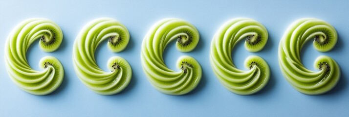 Five green spirals in the shape of the letter C arranged in a row on a light blue background.