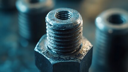 12. Macro shot of a metal bolt with a nut screwed halfway down, capturing the fine thread details