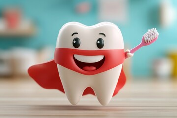 toothbrush with a red cape on it is smiling and holding a toothbrush. The toothbrush is wearing a...