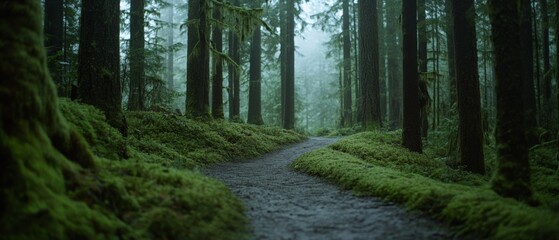 Fototapeta premium Enchanting forest trail, surrounded by lush green moss and towering trees, inviting exploration into nature’s tranquility.