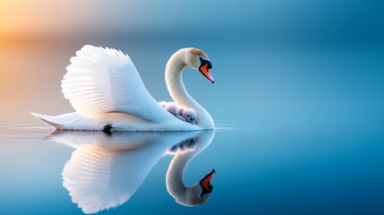 Fototapeta premium Swan is swimming in a body of water with its reflection in the water. The swan is surrounded by a blue and white background