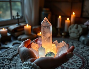 Hands Holding Clear Crystals Lit from Within Surrounded by Candles and Objects for Healing Energy and Spiritual Wellness Concepts