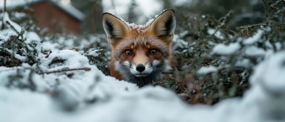 Obraz premium A curious fox peeks through snow-covered underbrush, its vibrant fur standing out against the wintry white, embodying both mystery and natural beauty.