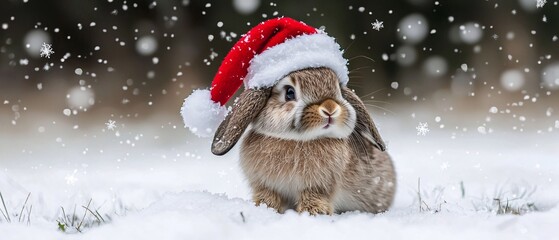 A charming rabbit wearing a festive Santa hat, surrounded by gentle snowflakes in a winter wonderland, embodying the joyful spirit of the holiday season.