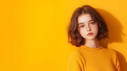 Fototapeta premium Vibrant portrait of a teenage girl in yellow sweater against bright backdrop