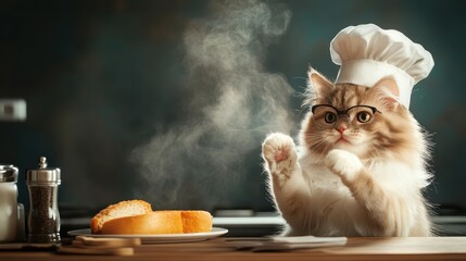 A fluffy cat wearing glasses and a chef's hat is focused on a perfectly toasted loaf of bread, surrounded by warm vapors and baking essentials on a kitchen table.