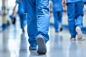 Close-up healthcare workers in blue scrubs walking through brightly lit hospital corridor, capturing teamwork, movement, dedication in medical field, uniformed personnel reflect coordinated.