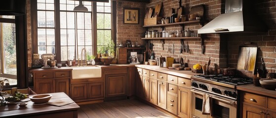 A rustic kitchen bathed in soft light features wooden cabinets, large windows, and an inviting ambiance that blends vintage charm with modern comfort.