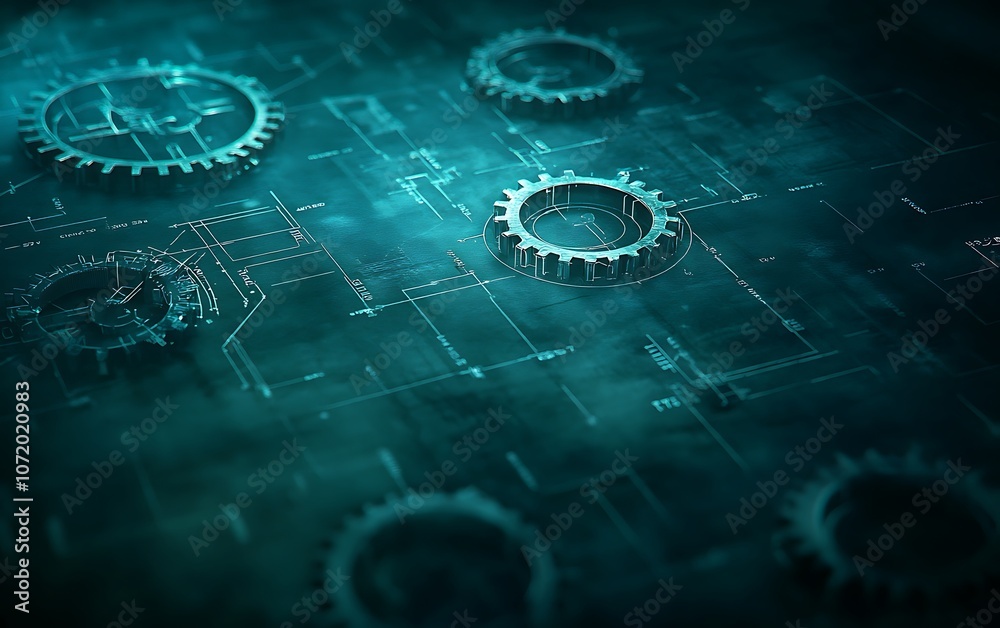 Leinwandbilder A digital representation of interlocking gears against a dark technological background, symbolizing innovation and mechanical processes.