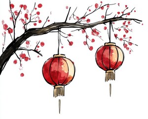 Watercolor illustration of red lanterns hanging from a cherry blossom tree branch.