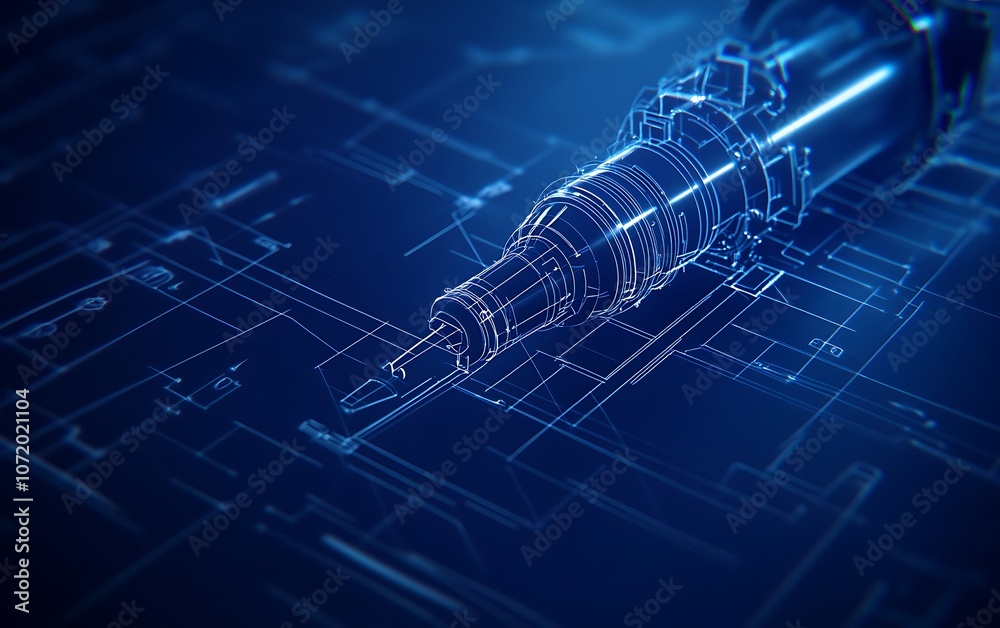 Leinwandbilder A close-up view of a futuristic tool with digital patterns on a dark blue background, suggesting advanced technology and precision engineering.