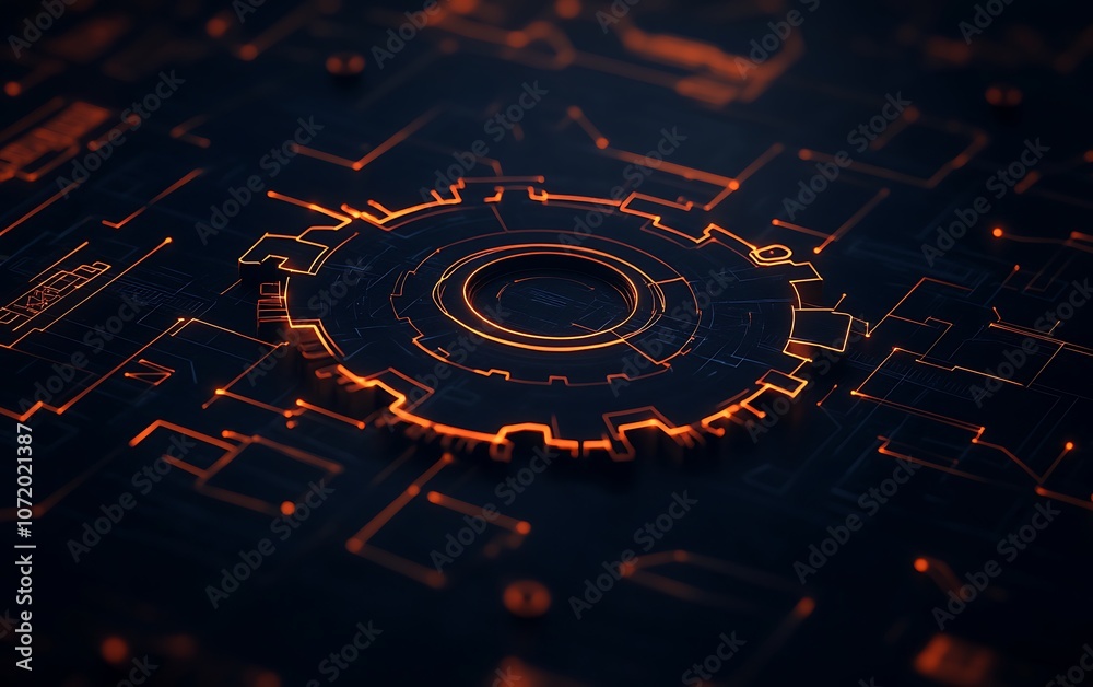 Aufkleber a dark, digital circuit board design with glowing orange lines forming a central circular pattern, s