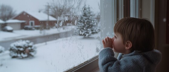 A young child peers through a frosted window, captivated by the snowy view of a quiet suburban street, wrapped in a cozy sweater.