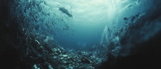 A haunting underwater scene shows a swirling mass of ocean debris, casting an eerie, silent reminder of the vastness of pollution.