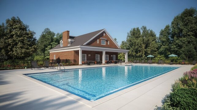 A brick building with a white trim sits next to a swimming pool with blue water. There are trees and plants around the pool. The sky is blue and there is no one around.