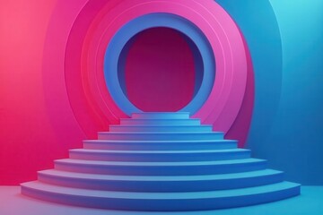 Obraz premium A vibrant, abstract scene featuring circular shapes and steps, blending pink and blue hues to create a modern and artistic atmosphere.