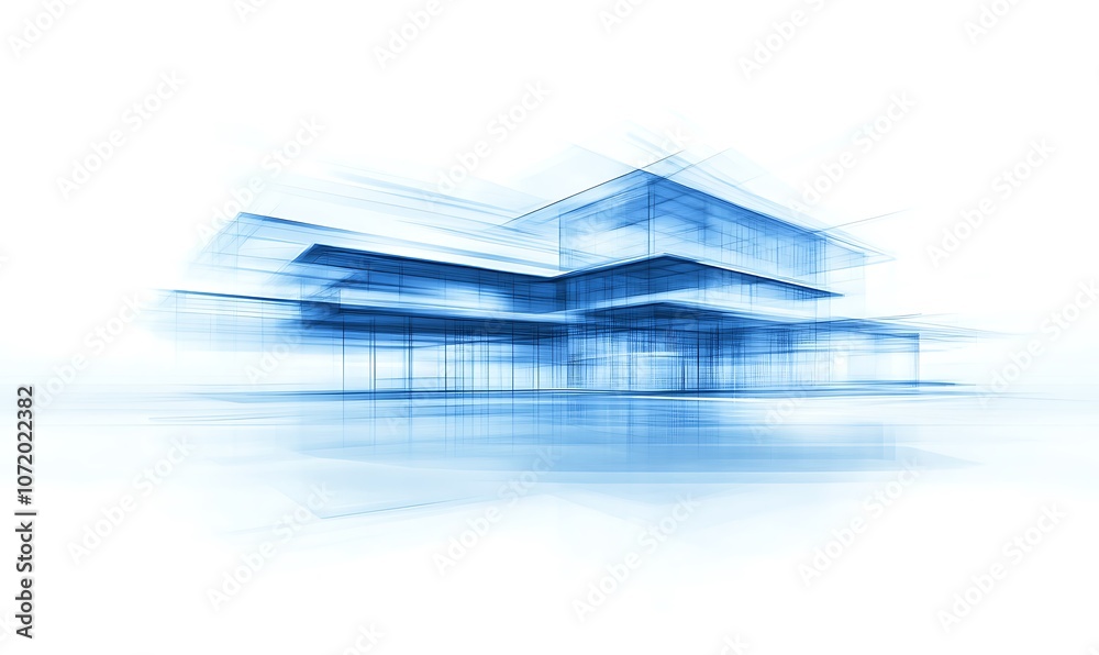 Poster a stylized architectural rendering featuring a modern building in shades of blue, showcasing sleek l