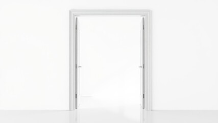 White open and closed doors with doorframe on a minimalist white background, transition, exit, minimalism