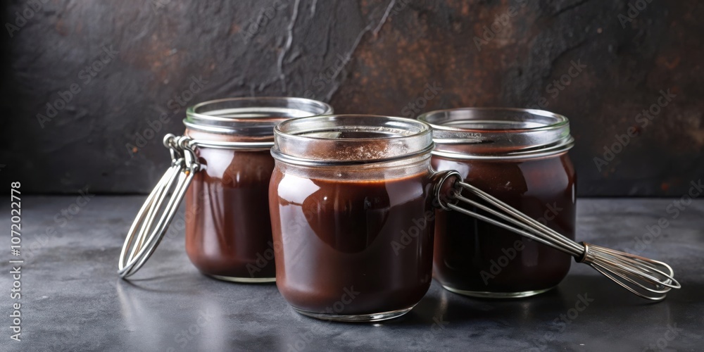 Poster chocolate sauce in jars with a whisk on a dark surface
