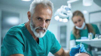 A senior surgeon in green scrubs, with a focused expression, prepares for a surgery procedure in a modern operating room, symbolizing precision and dedication.