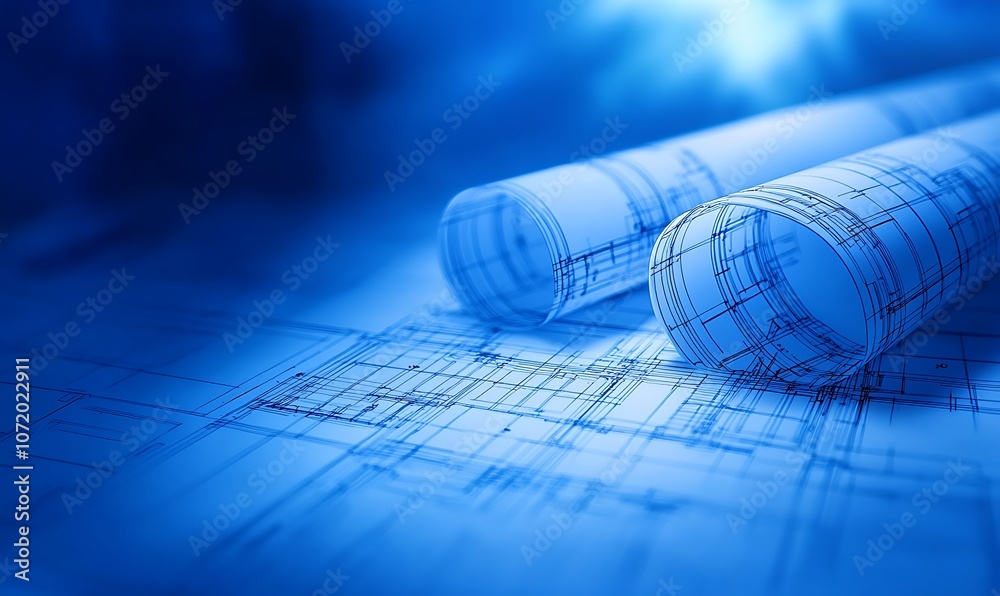 Poster a close-up view of rolled blueprints on a blueprint background, illuminated in blue tones, conveying