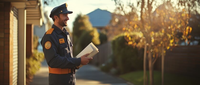 A cheerful mail carrier stands in a sunny neighborhood, embodying reliability and the everyday joy of delivering messages.