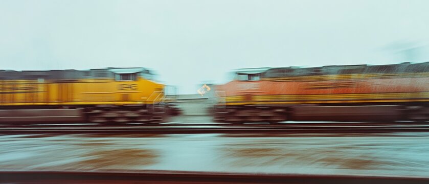 Two trains speed past each other, creating a dynamic blur as they pass on parallel tracks, set against a muted, overcast sky.