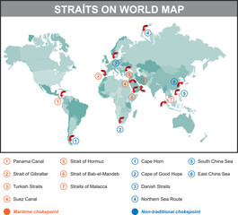 World map, labeled oceans, seas, isthmus and strait
