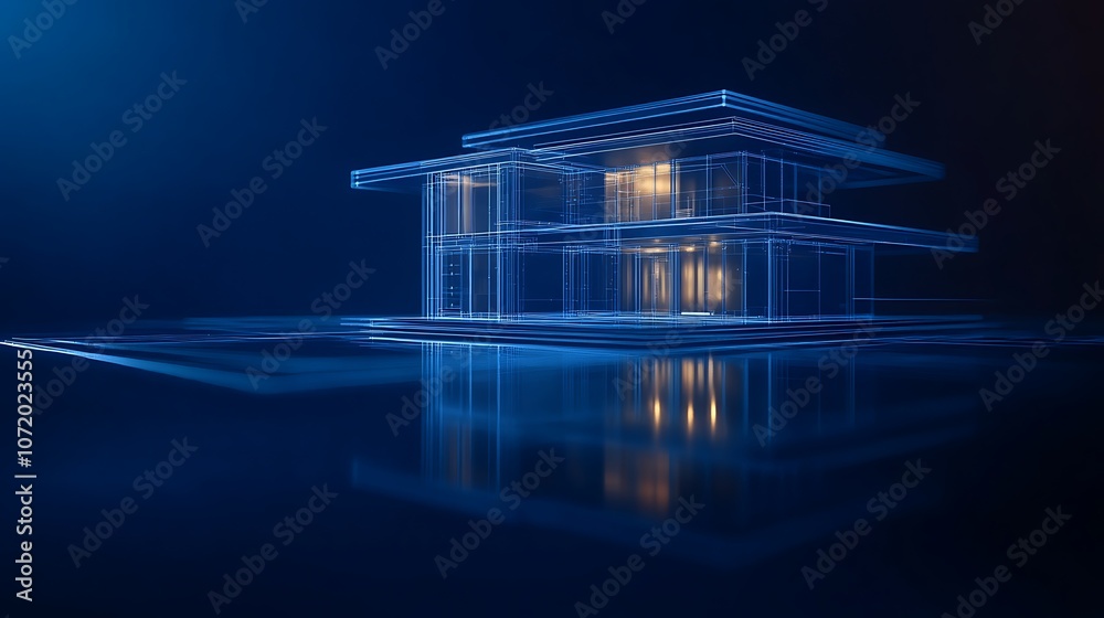 Poster A digital representation of a blue-lit house structure, highlighting architectural design in a futuristic style.
