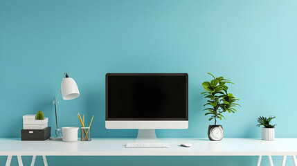 Minimalist workspace with organized desk setup, plants, and modern decor in bright blue setting.