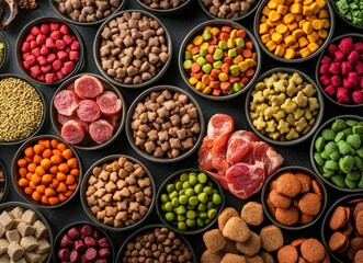 Top view of various dry pet foods and treats in bowls, including kibble, meat, and biscuits.