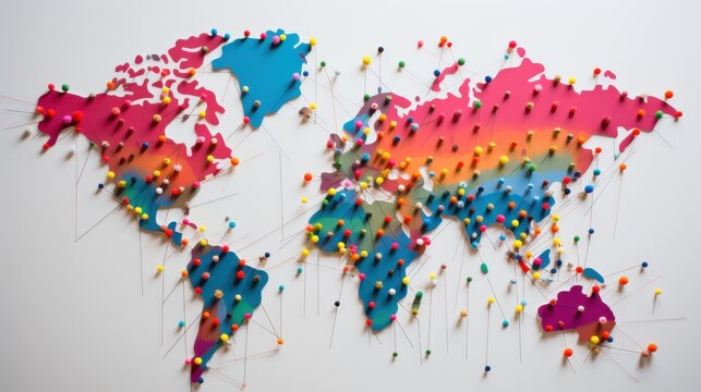 A vibrant world map is adorned with colorful pins, showcasing diverse travel destinations and connecting journeys across the globe.