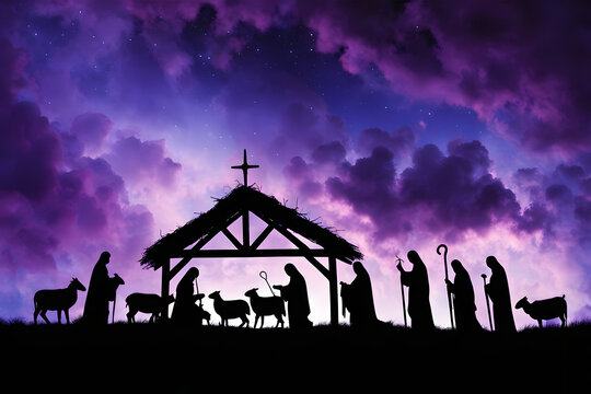 Nativity silhouette with shepherds under a bold sky filled with swirling purple and blue clouds, Ai Generated