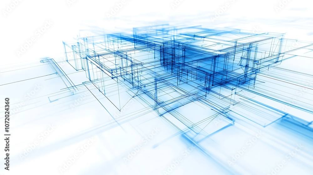 Poster A futuristic abstract design featuring blue lines and dots, creating a sense of movement and depth against a white background.